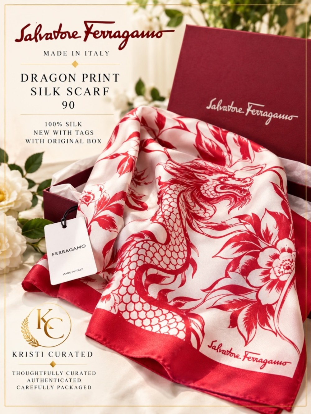 Ferragamo Dragon Print Silk Scarf 90 Red Off White NWT Box